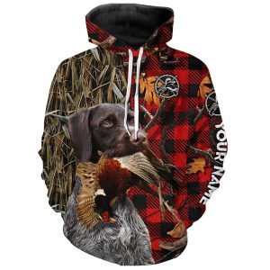 Deutsch Drahthaar Pheasant Hunting Dog Red Plaid Camo Custom Name Shirt Christmas Gifts for Hunters Hoodie ND