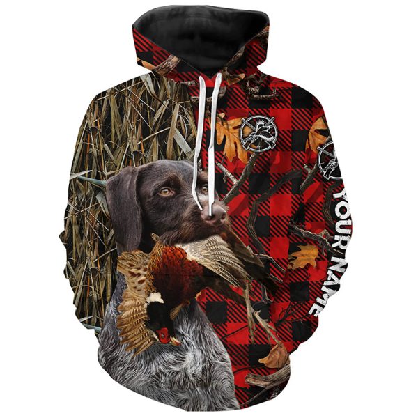 Deutsch Drahthaar Pheasant Hunting Dog Red Plaid Camo Custom Name Shirt Christmas Gifts for Hunters Hoodie ND