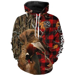 Pudelpointer Pheasant Hunting Dog Red Plaid Camo Custom Name Shirts Christmas Gifts for Hunters Hoodie ND