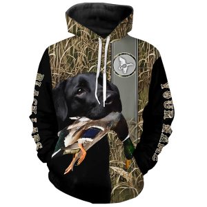 Black Labrador Duck Hunting with Dog Waterfowl Camo Custom Name All Over Printed Shirts Personalized Gifts Hoodie ND